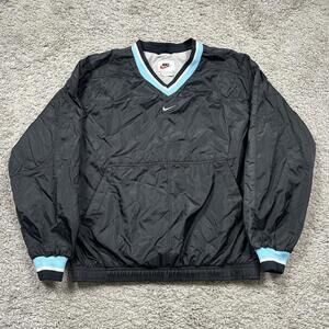 VTG Nike Woman’s Center Swoosh Black Blue V- Neck Pullover Windbreaker Medium